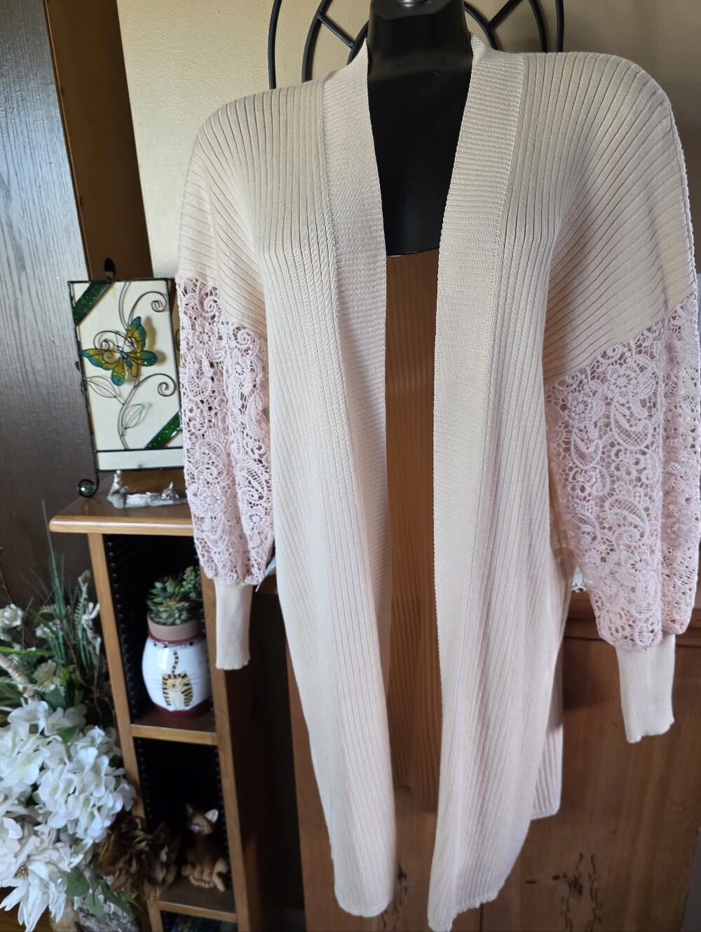 Coco Bleu Open-Front Embroidered Lace Sleeve Women's Cardigan - Cream Sz L